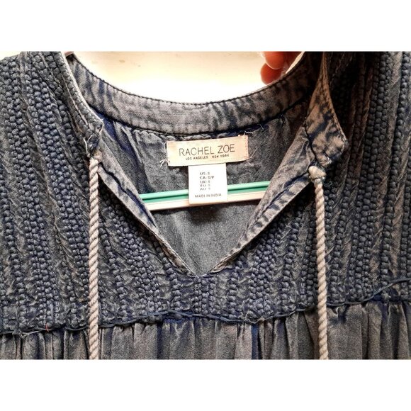 Rachel Zoe Chambray Denim Top Boho Hippie Embroidered Crochet Size S Blue - Picture 3 of 8